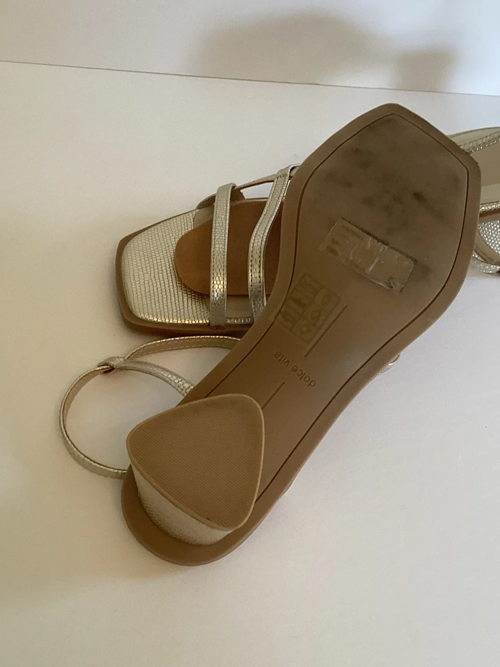 Dolce Vita Champagne Metallic Strappy Block Heel Sandals